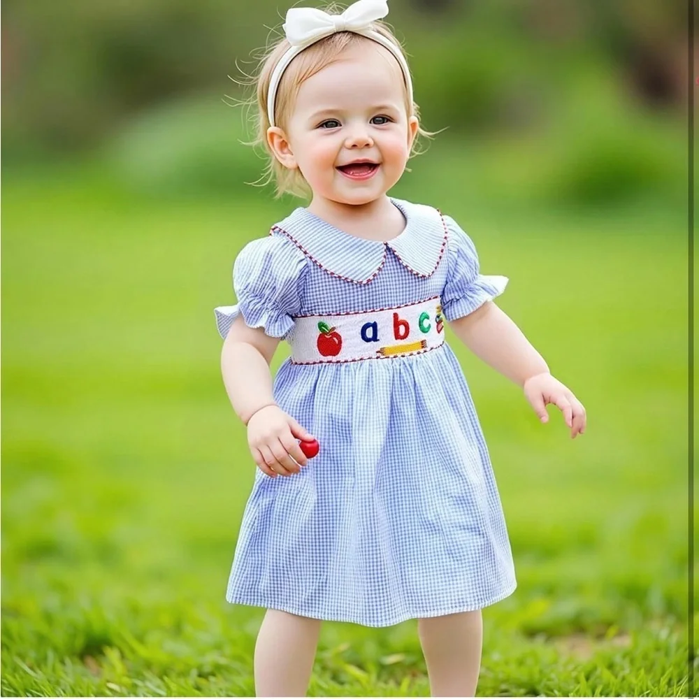 NWT 4T Girls Blue Gingham Alphabet Back to School Short Sleeve Smocked Dress